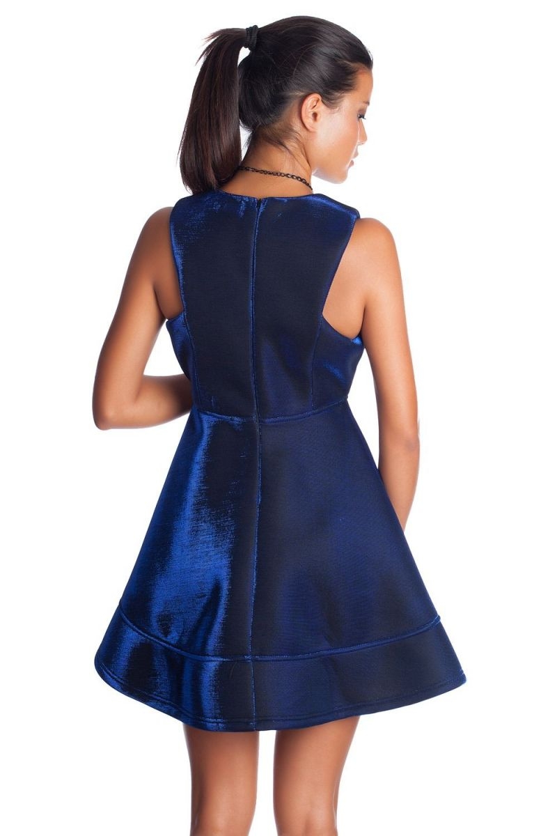 Vestido skater azul metálico con falda de vuelo para invitada boda, fiesta y nochevieja